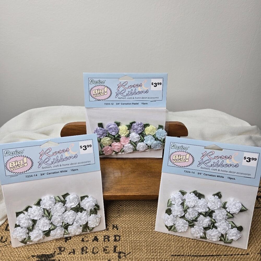 NWT Darice White & Pastel Ribbon Carnations Set ¾" Size 3packs of 15 each